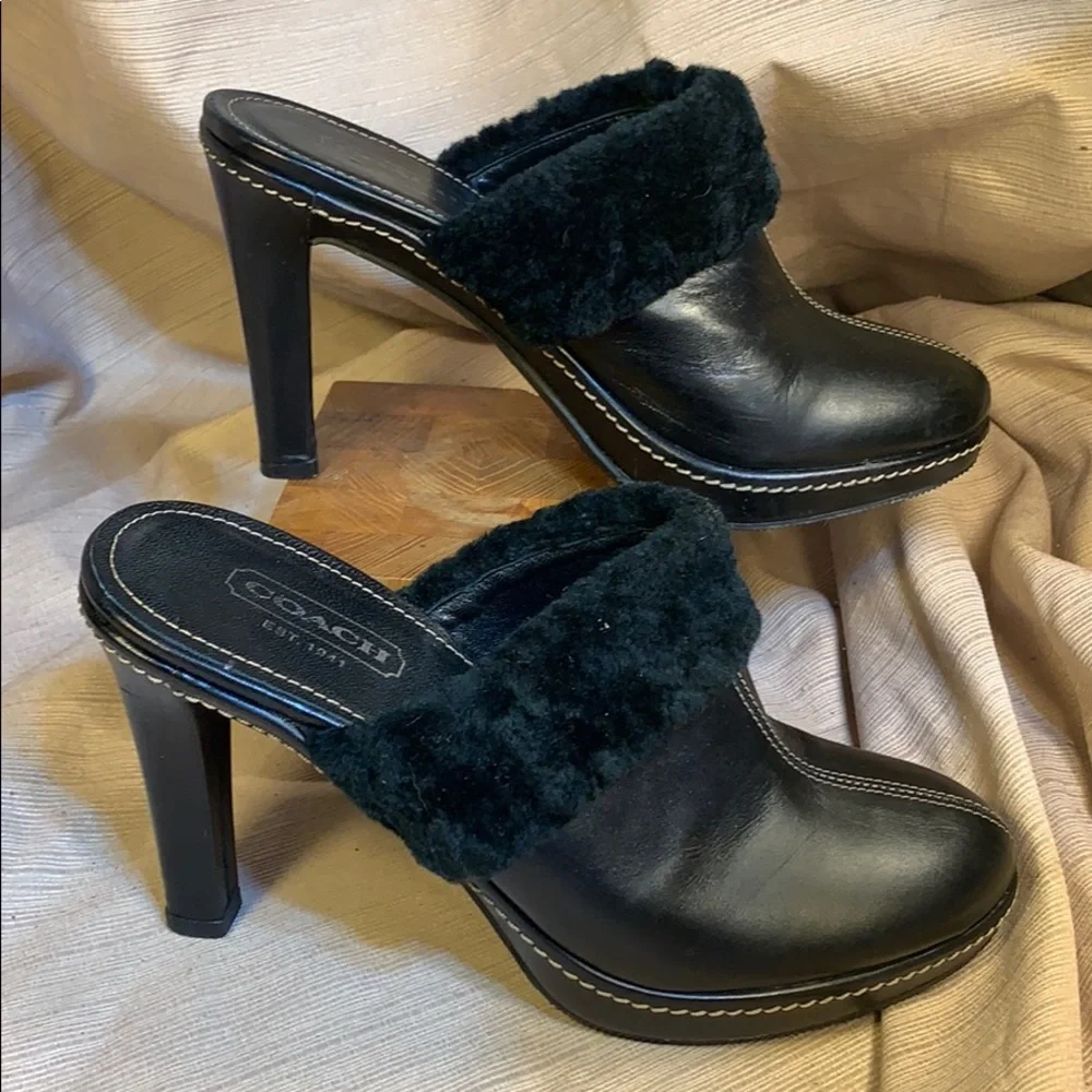 Coach leather furry heeled mules super comfortable